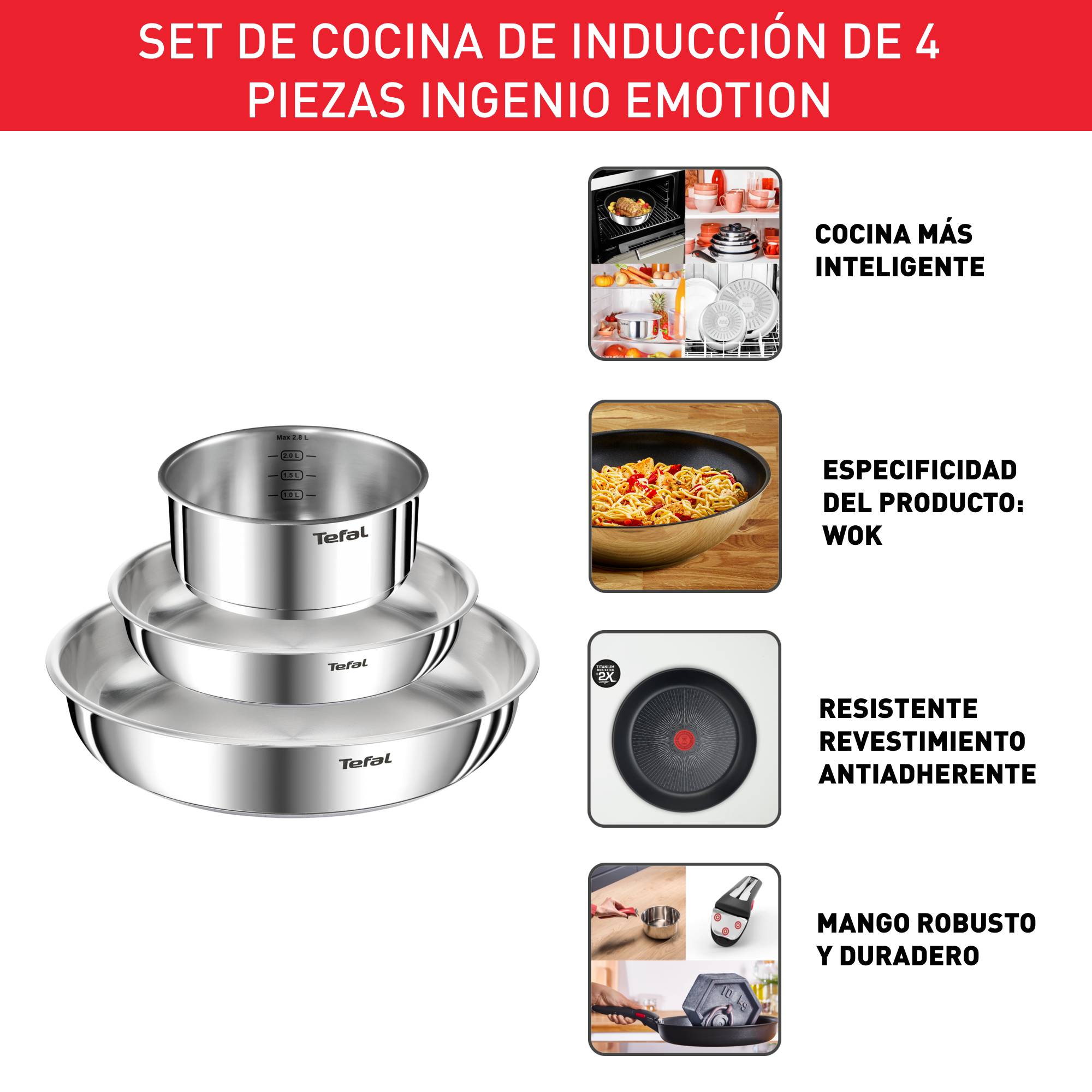 Ingenio Emotion, Set de cocina de 4 piezas, Sartenes 24/28 cm, Cazo 20, Mango Extraíble, Acero Inoxidable, Sin Revestimiento, Apilable, Inducción