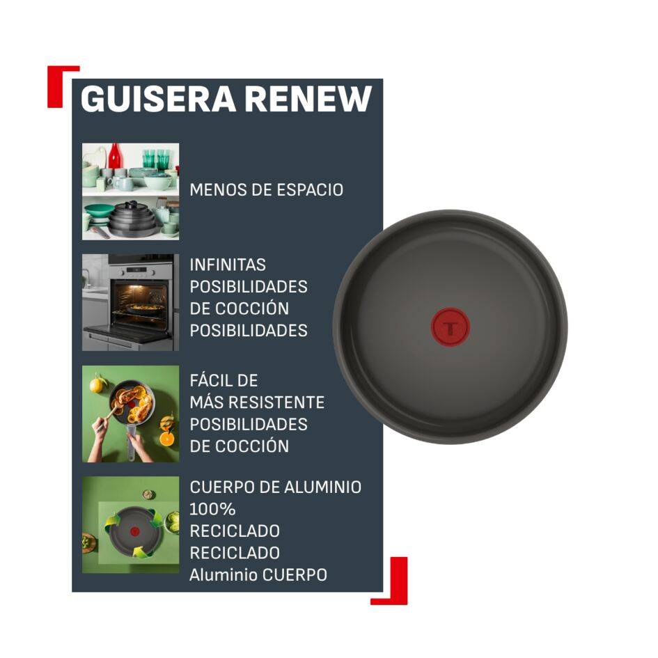 Ingenio Renew Ceram, Sartén Guisera de 24 cm, Revestimiento cerámico antiadherente, Apilable, Mango extraíble, Compatible con inducción