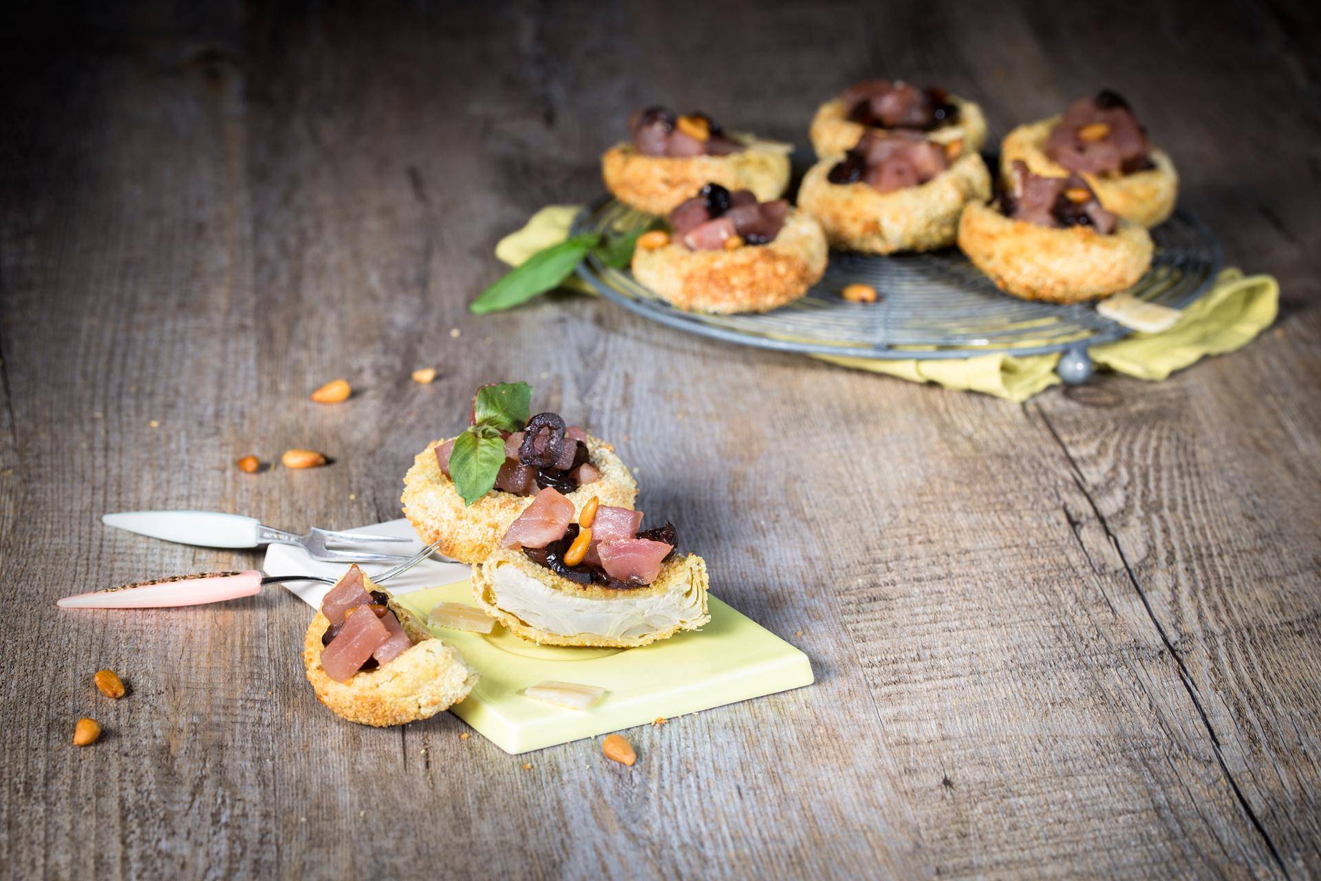 Corazones de alcachofa empanados con tartar de atún al estilo italiano - Receta Actifry Genius XL | Tefal