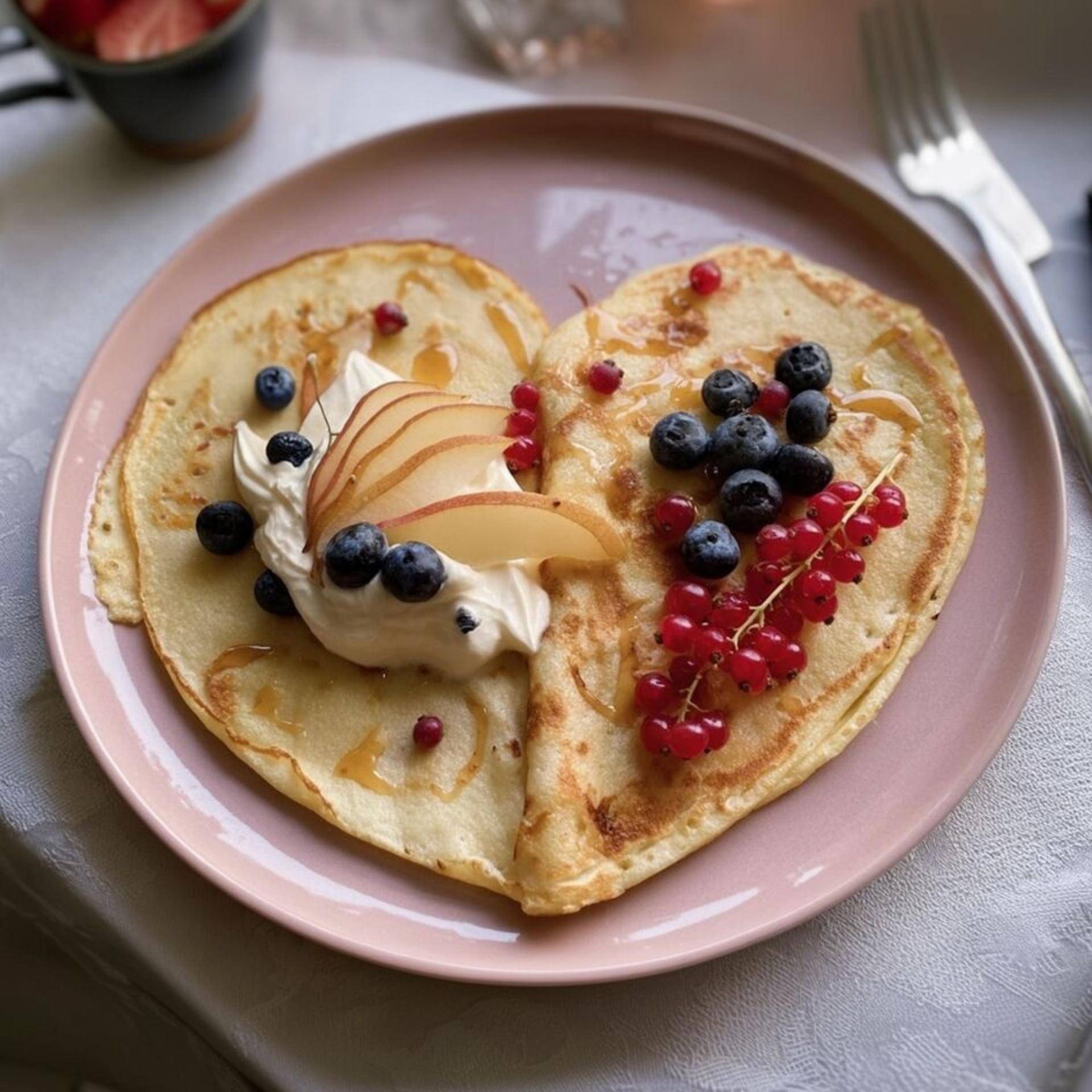 Crêpe en forma de corazón con nata montada de mascarpone, pera, arándanos azules, nueces de pecán y caramelo salado - Receta Sartenes y Ollas | Tefal
