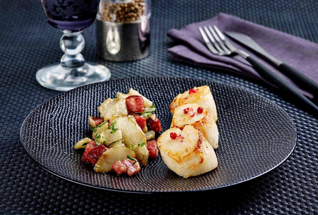 Vieiras con salchicha de Morteau y alcachofas de Jerusalén - Receta Actifry Express 1kg | Tefal