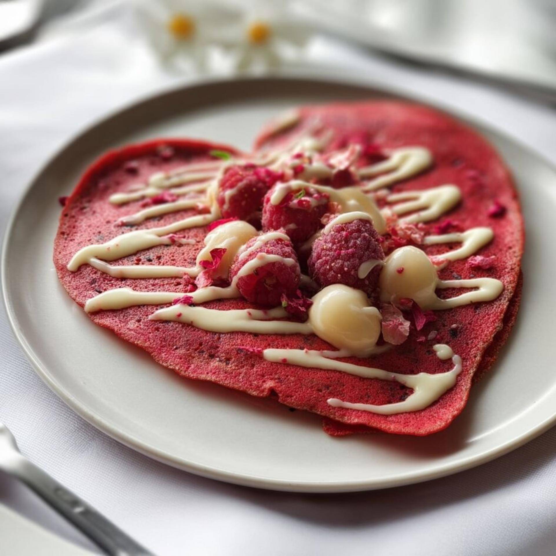 Crêpe de Red Velvet rojo en forma de corazón con lichi, frambuesa y chocolate blanco - Receta Sartenes y Ollas | Tefal