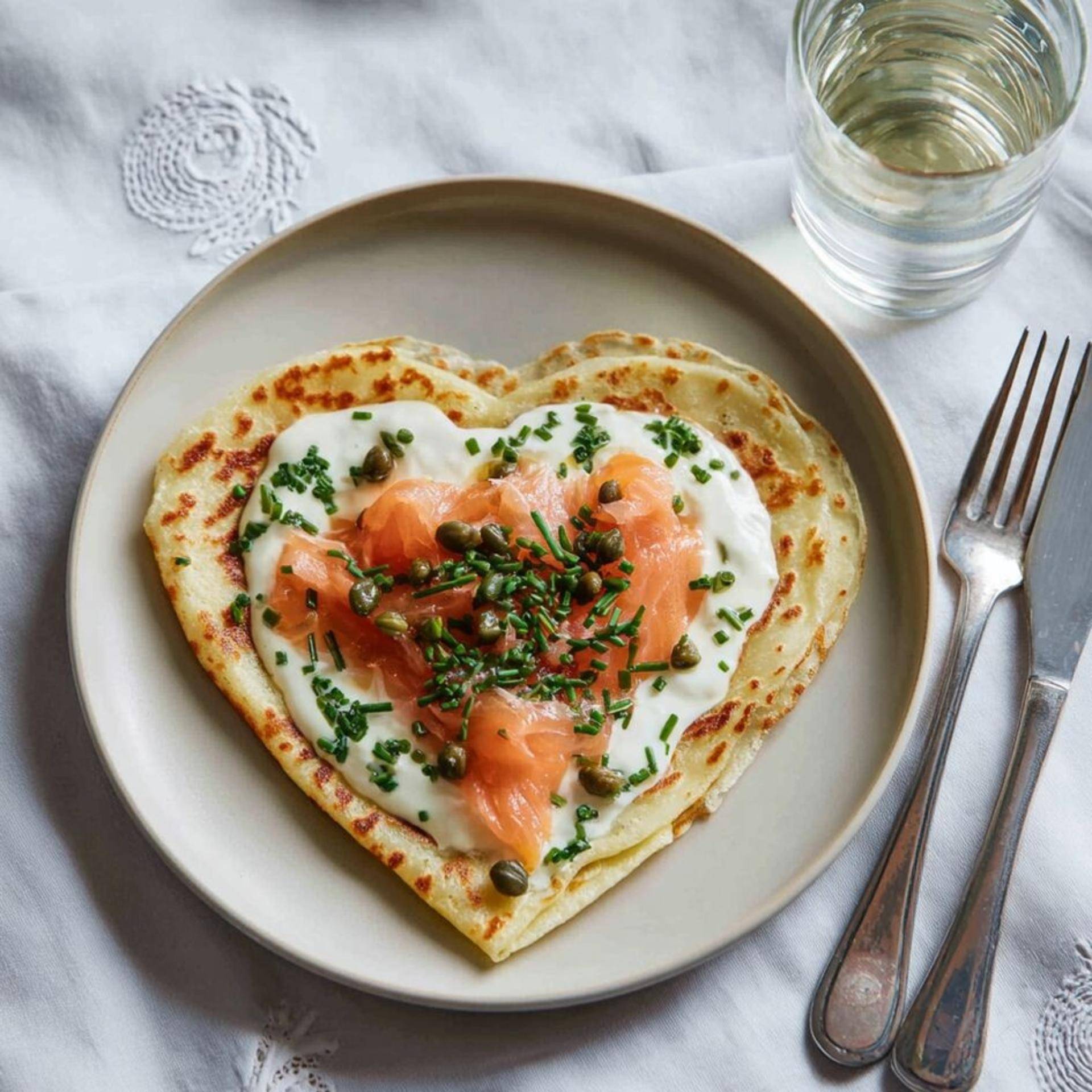Crêpe en forma de corazón con crema de cebollino, salmón ahumado y alcaparras - Receta Sartenes y Ollas | Tefal