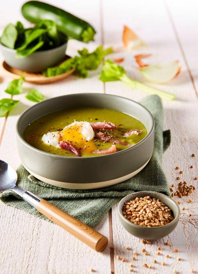 Sopa de trigo sarraceno con espinacas y huevos pasados por agua - Receta Perfectmix Cook | Tefal