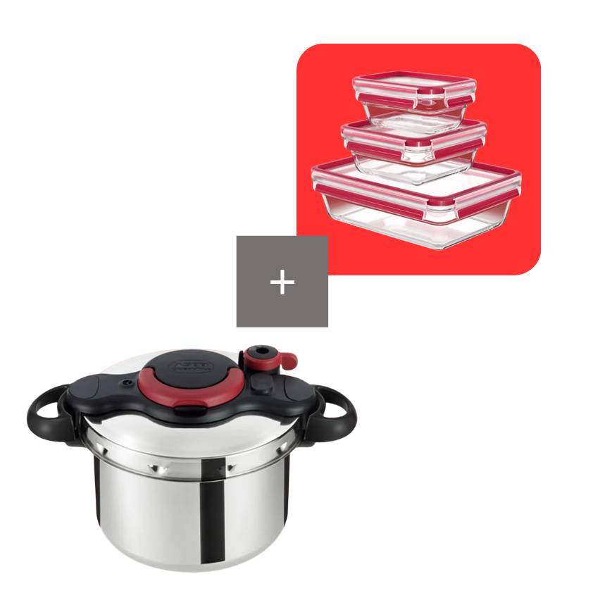 Pack olla a presión Clipso Minut Easy 6 L con set de herméticos de cristal