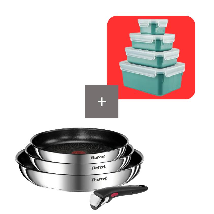 Pack set Ingenio Emotion 22, 24 y 28 cm + Mango extraíble con set de 4 herméticos de plástico MasterSeal Fresh