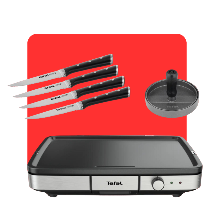 Pack Maxi Plancha con prensa para hamburguesa y set de 4 cuchillos de carne